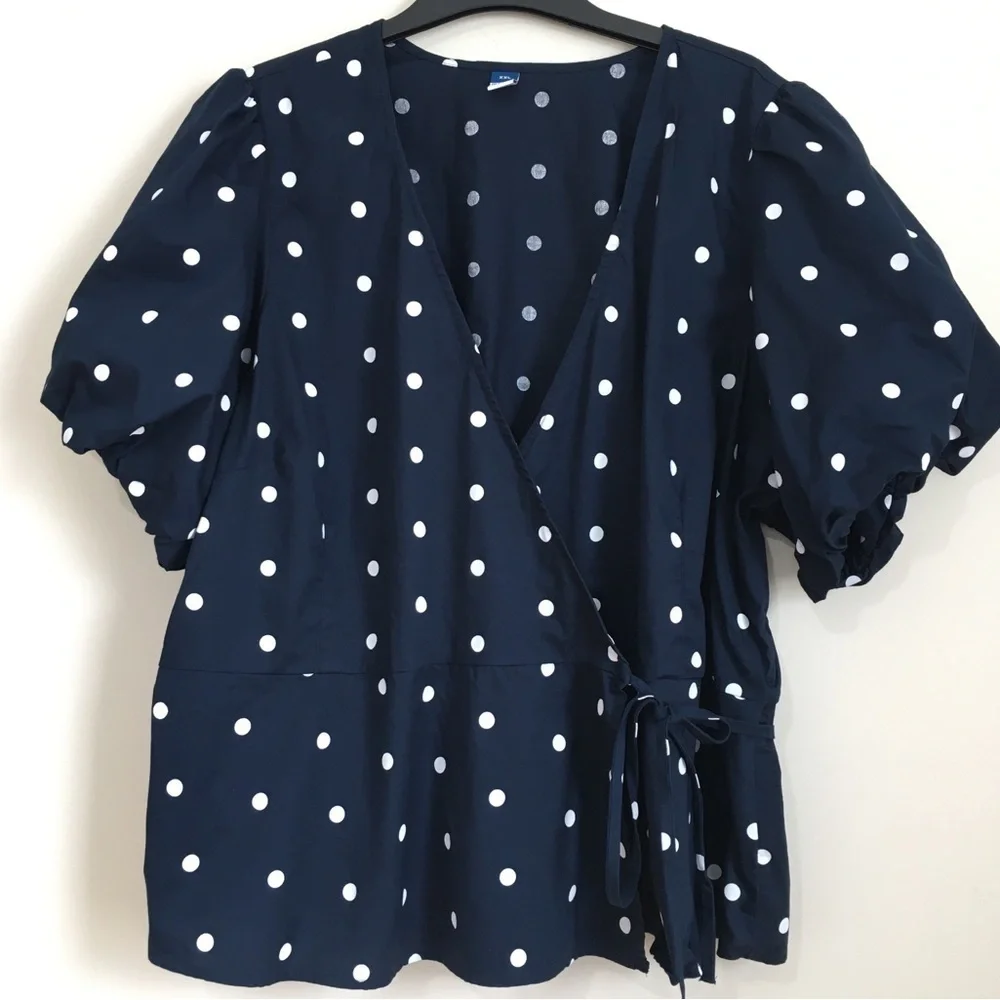 Old Navy Navy White Dots Waist Defined Puff Short Sleeve Tie-Wrap Blouse